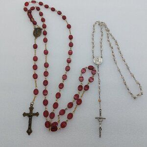 2 Vintage Cross Rosary One Made In Italy, One With Plastic Red Flat Beads